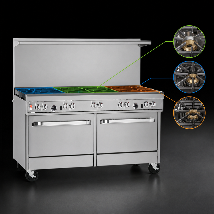 Product image #3 for Southbend Ultimate 60-Inch Commercial Gas Restaurant Range with 8 Burners, 2 Cabinets, and Hi-Shelf