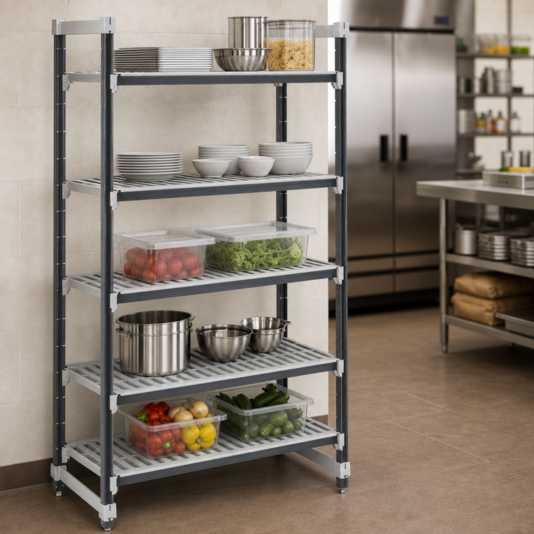 Product image #3 for Cambro Camshelving Elements XTRA 5-Tier Stationary Polymer Shelving Starter Unit, 18 x 30 x 84 Inch, Speckled Gray