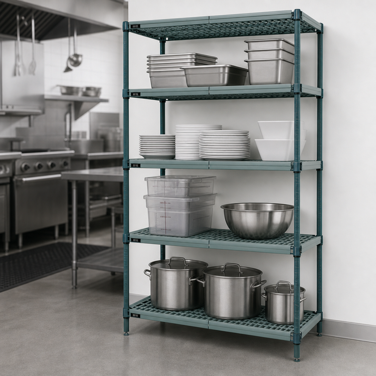 Product image #3 for Quantum 4-Tier Wire Plastic Mat Stationary Shelving Unit, 54W x 18D x 74H, Green Epoxy Antimicrobial