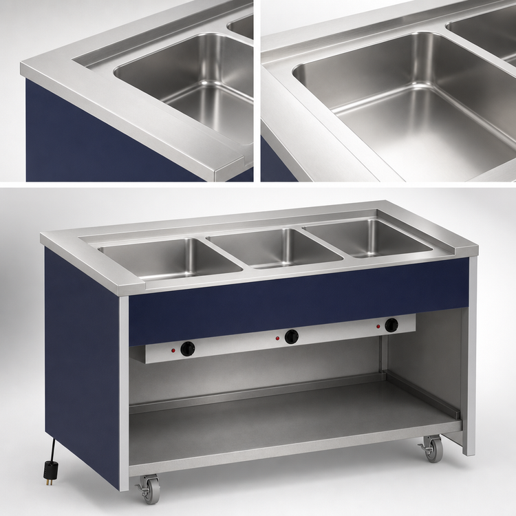 Product image #3 for Atlas Metal INFIH-OT-3 Mobile Electric Hot Food Unit, 3 Well, Open Cabinet Base, Offset Top