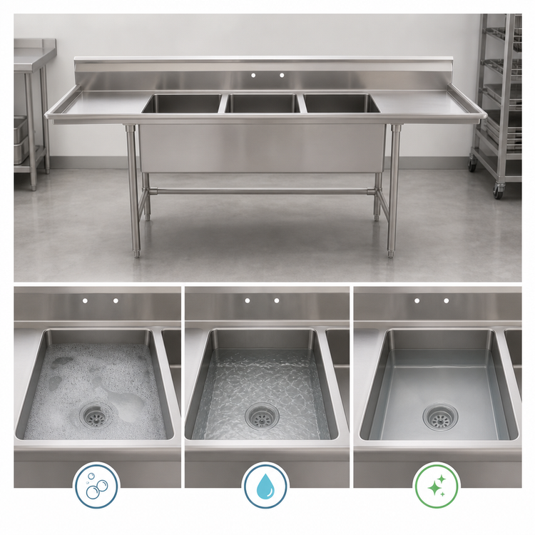 Product image #3 for Eagle Group S14 Series 3-Compartment 14-Gauge Stainless Steel Sink with Right Drainboard and 8-Inch Backsplash, 89-1/2 in. x 27 in.