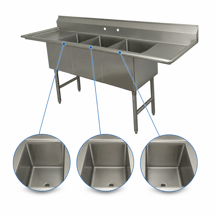 Product image #3 for Advance Tabco 3-Compartment Fabricated Sink with 24-Inch Left and Right Drainboards, 18 x 24 x 14-Inch Bowls, 102-Inch Overall Length