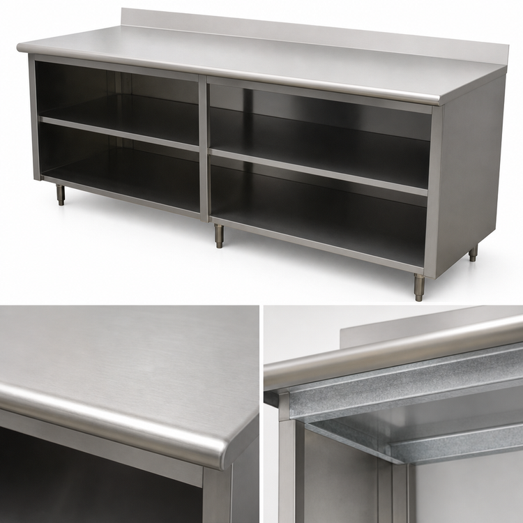 Product image #3 for Advance Tabco Special Value Series 108-Inch x 30-Inch 16-Gauge 304 Stainless Steel Open Base Work Table with 5-Inch Backsplash and Mid Shelf