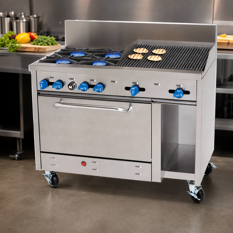 Product image #3 for Comstock-Castle F3430-2RB 48-Inch Stainless Steel Gas Range with 4 Open Burners, 24-Inch Char-Broiler, Standard Oven and Cabinet Base
