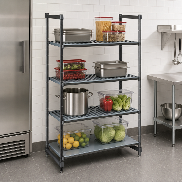 Product image #3 for Cambro Camshelving Basics Plus 4-Tier Stationary Starter Unit, 18" x 30" x 84", Vented/Solid Polymer Shelving, Brushed Graphite