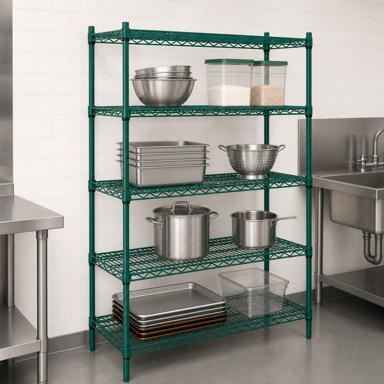 Product image #3 for Eagle Group Valu-Gard Quad-Adjust 4-Tier Stationary Wire Shelving Starter Unit, 36" W x 18" D x 74" H, Green Epoxy