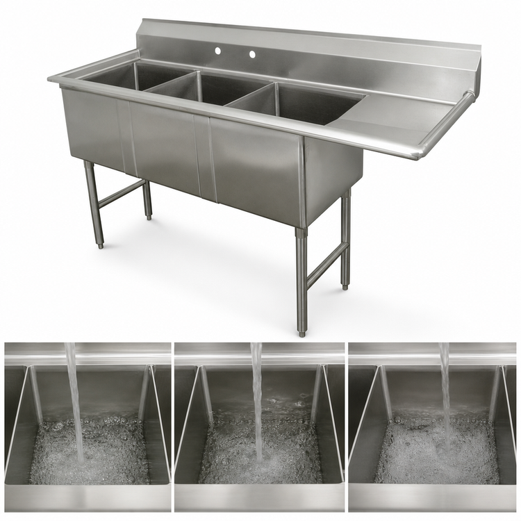 Product image #3 for Advance Tabco FC-3-2430-30R 3-Compartment Fabricated Sink with 30" Right Drainboard