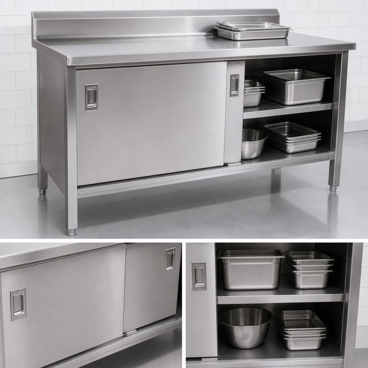 Product image #3 for John Boos Enclosed Stainless Steel Work Table with Sliding Doors and Cabinet Base, 108 x 30 Inches, 5-Inch Backsplash