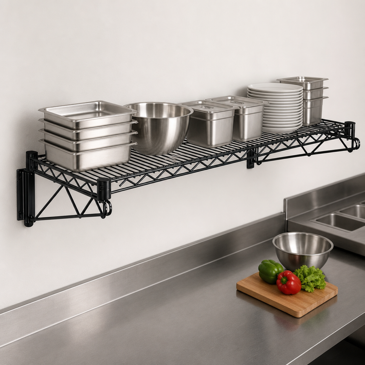 Product image #3 for Quantum Wall-Mount Cantilever Single Wire Shelf, 48 x 21 Inch, Black Epoxy Antimicrobial Finish