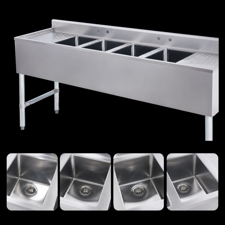 Product image #3 for Sapphire Manufacturing 4-Compartment Stainless Steel Underbar Sink with Left and Right Drainboards, 72 Inch Wide