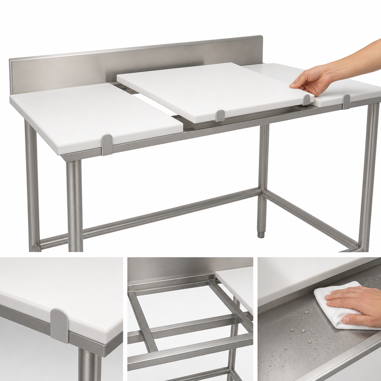 Product image #3 for Eagle Group 120 Inch x 24 Inch Poly Top Cutting Table with 4-1/2 Inch Removable 304 Stainless Steel Backsplash and Stainless Steel Tubular Base