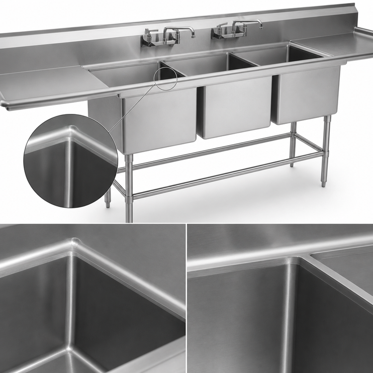 Product image #3 for Spec-Master 14-Gauge Stainless Steel Three-Compartment Sink with 18-Inch Left-Hand Drainboard, 85-1/2 Inch W x 27 Inch D