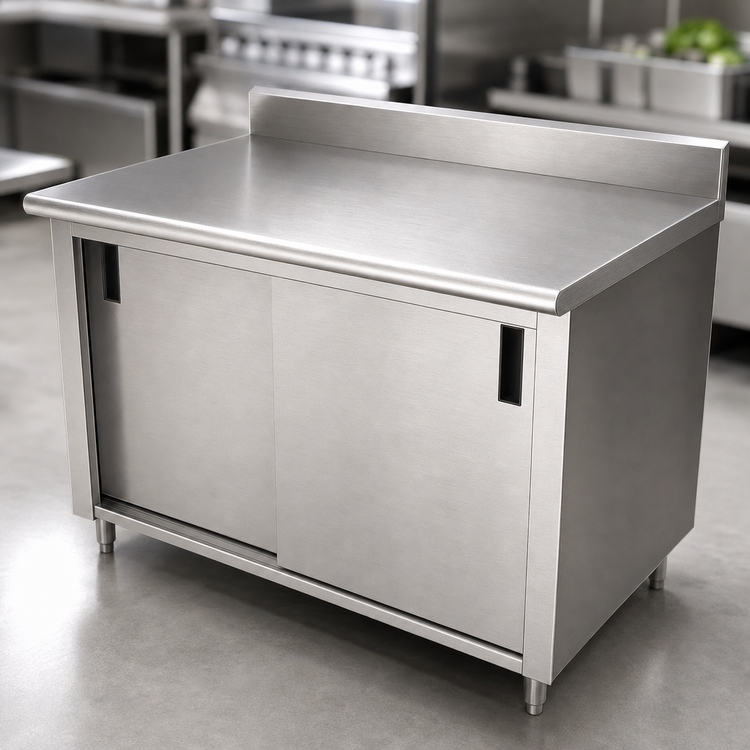 Product image #3 for Advance Tabco Enclosed Work Table with Cabinet Base, Mid-Shelf and Sliding Doors, 108 x 30 Inches, 14-Gauge 304 Stainless Steel Top, 5-Inch Backsplash