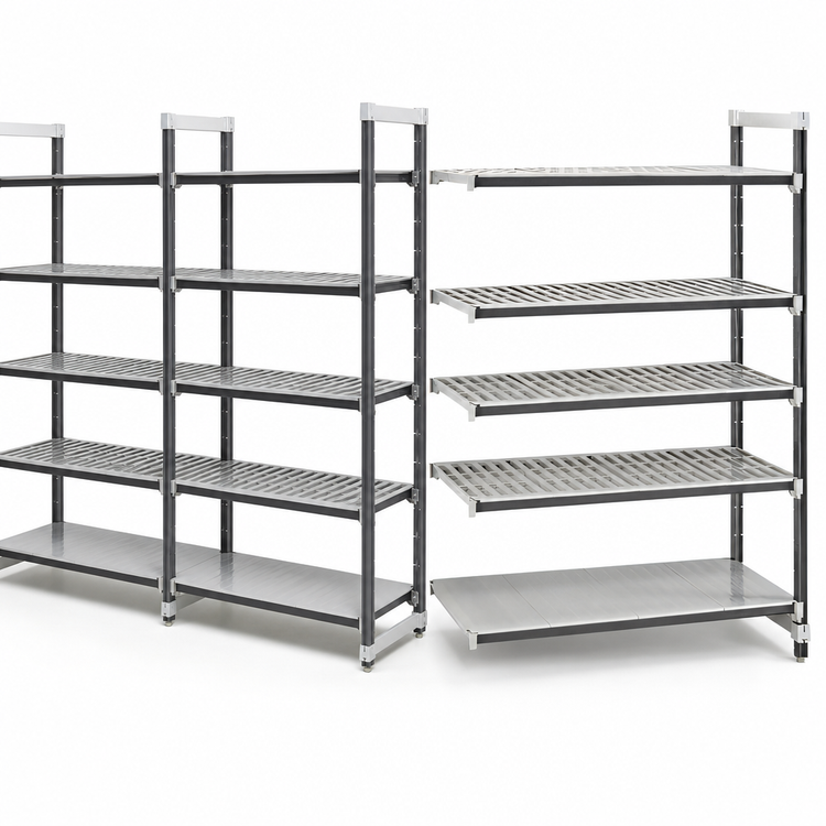 Product image #3 for Cambro Camshelving® Elements XTRA 5-Tier Stationary Add-On Polymer Shelving Unit, 24" Deep x 30" Wide x 84" High, Speckled Gray