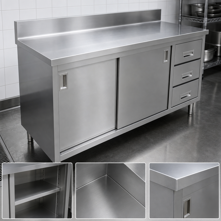 Product image #3 for 60-Inch Stainless Steel Enclosed Work Table with 6-Inch Backsplash, Sliding Doors, and 3 Drawers