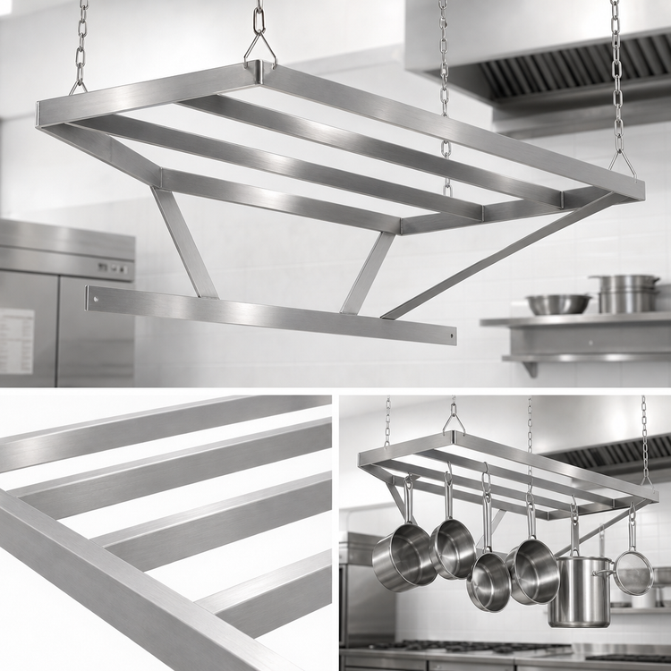 Product image #3 for Klinger's Trading 96-Inch Ceiling-Mounted Triple-Bar Stainless Steel Pot Rack
