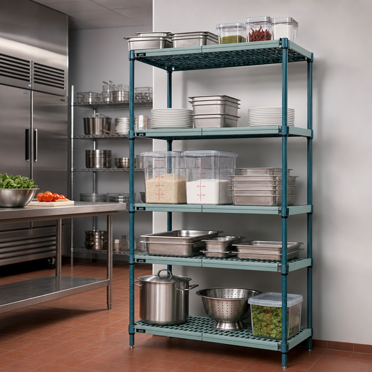 Product image #3 for Quantum Stationary 5-Tier Wire Plastic Mat Shelving Unit, 54 x 24 x 86 Inches, Green Epoxy Antimicrobial