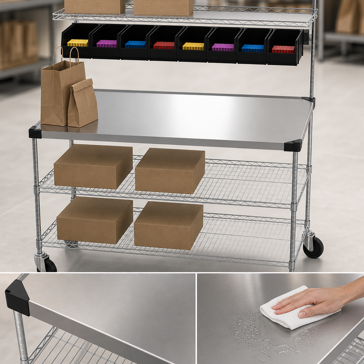 Product image #4 for Metro Chain Reaction Mobile Order Staging Cart / Drive-Thru Station with Solid Stainless Steel Top, 48 x 24 Inch