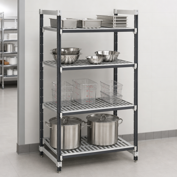 Product image #3 for Cambro Camshelving Elements XTRA 4-Tier Stationary Starter Unit, 18 x 36 x 64 Inches, Vented, Speckled Gray