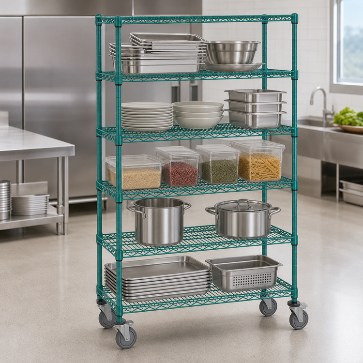 Product image #3 for Green Epoxy Antimicrobial 5-Shelf Mobile Wire Shelving Cart, 36 x 18 x 80 Inches