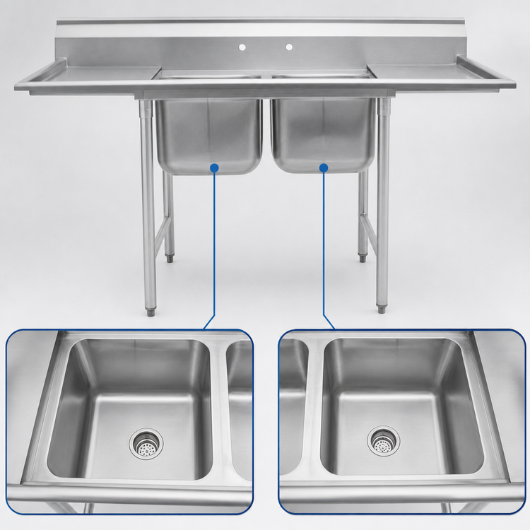 Product image #3 for Two-Compartment 304 Stainless Steel Commercial Sink with 24 x 24 x 13-1/2 Inch Bowls