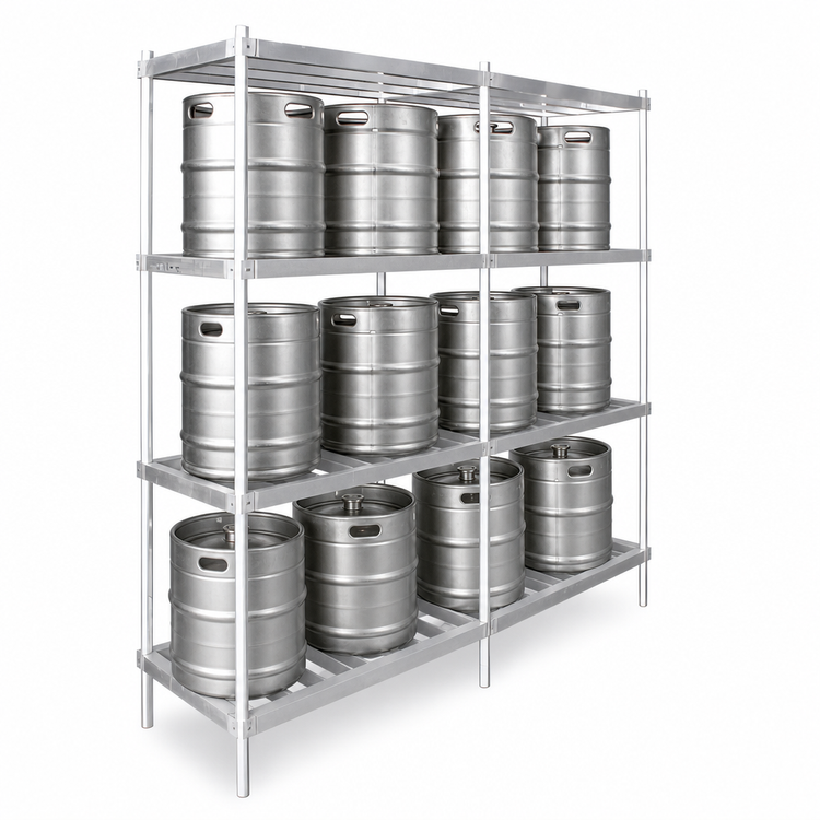 Product image #3 for John Boos 93-Inch Wide Aluminum Keg Rack with 3 Shelves and 10 Keg Capacity