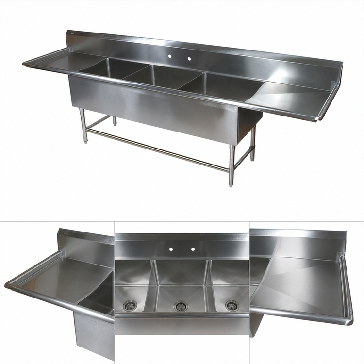 Product image #3 for John Boos Pro-Bowl 3-Compartment Sink with Left and Right Drainboards, 16" x 20" x 12" Bowls