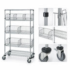 Thumbnail image #3 for Quantum M1836BC6C Mobile Chrome Basket Storage Unit with 3 Adjustable Baskets, 2 Wire Shelves, and Swivel Casters, 36"W x 18"D x 69"H