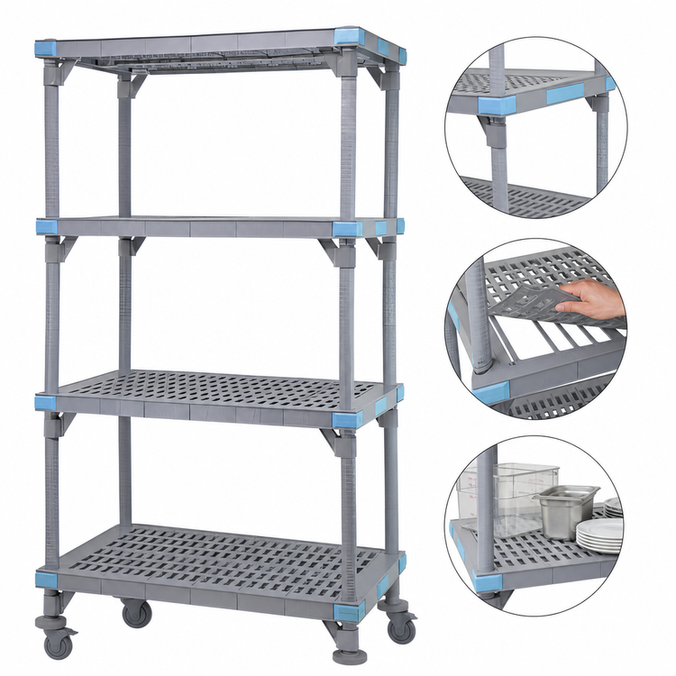 Product image #3 for Quantum Millenia Mobile Polymer Shelving Starter Unit, 4 Shelves, 42W x 21D x 86H, Gray