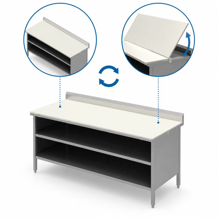 Product image #3 for John Boos 72 x 30 Inch Poly Top Work Table with Open Front Cabinet Base, 3/4 Inch Reversible Poly Surface, 5 Inch Backsplash