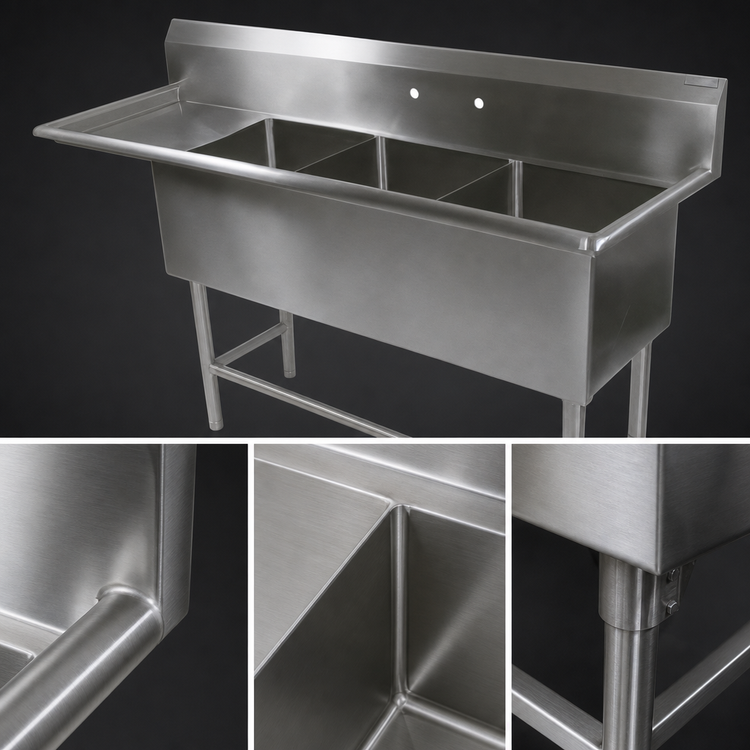 Product image #3 for John Boos Pro-Bowl 3-Compartment Sink with Left 30-Inch Drainboard, 24 x 24 x 14-Inch Bowls, 16-Gauge Stainless Steel