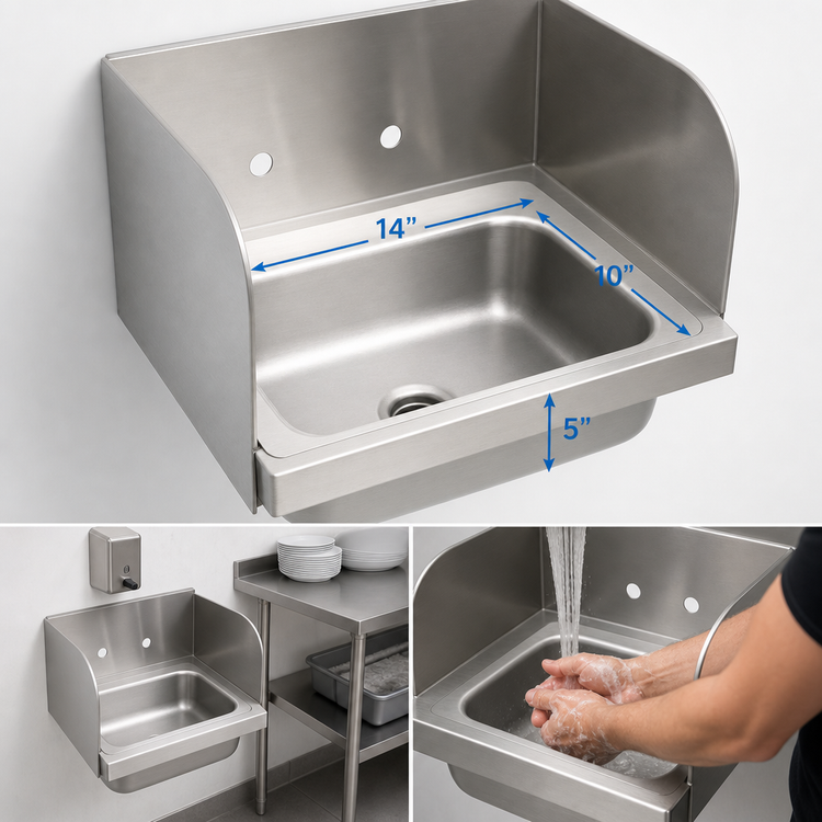 Product image #3 for BK Resources 14" x 10" Wall-Mount Hand Sink with Dual Side Splashes and Basket Drain