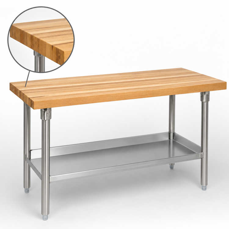 Product image #3 for John Boos 72-Inch x 30-Inch Northern Hard Rock Maple Wood Top Work Table with Stainless Steel Legs and Adjustable Undershelf