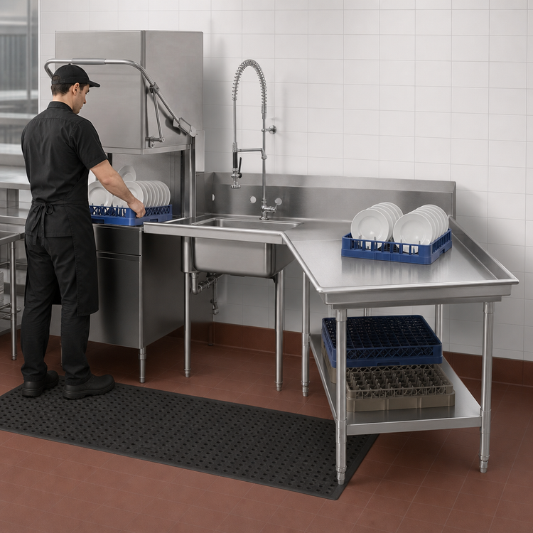 Product image #3 for Advance Tabco L-Shaped Right-Hand Island Soil Dishtable with Pre-Rinse Sink, 71 Inch, 14 Gauge 304 Stainless Steel