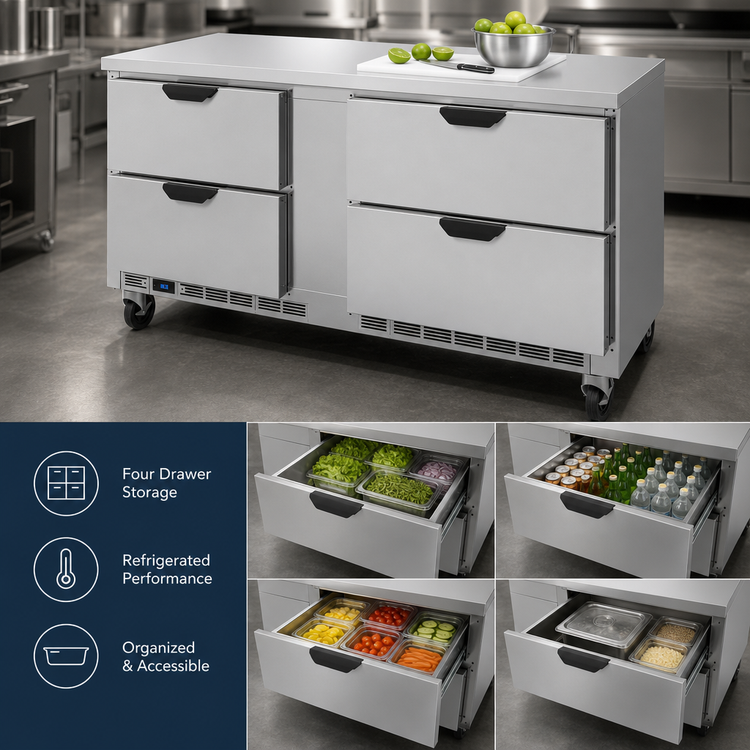 Product image #3 for Beverage-Air 60-Inch Two-Section Worktop Refrigerator with 4 Drawers, Flat Top