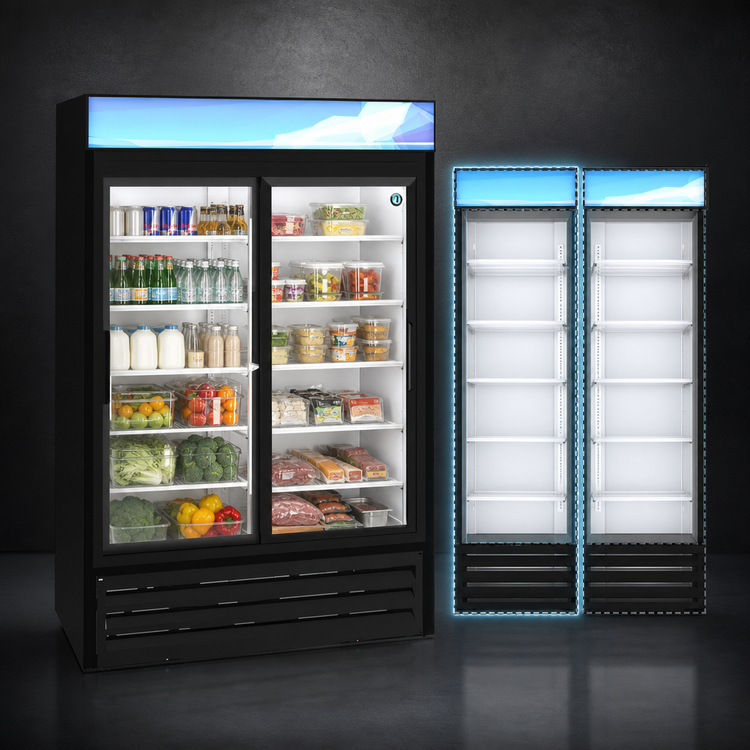 Product image #3 for Hoshizaki 38.26 Cu. Ft. Two-Section Glass Door Merchandiser Refrigerator with Sliding Doors, Black