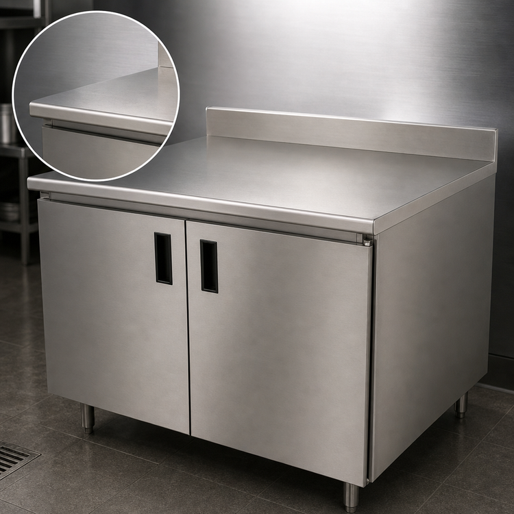 Product image #3 for Advance Tabco Special Value Economy Enclosed Work Table with Cabinet Base and Hinged Doors, 120 x 24 Inch, 16 Gauge 304 Stainless Steel Top, 5 Inch Backsplash