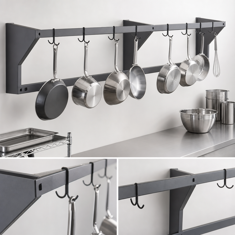 Product image #3 for Eagle Group WM72PR Wall-Mounted Stainless Steel Double-Bar Pot Rack with 12 Hooks, 72 Inch