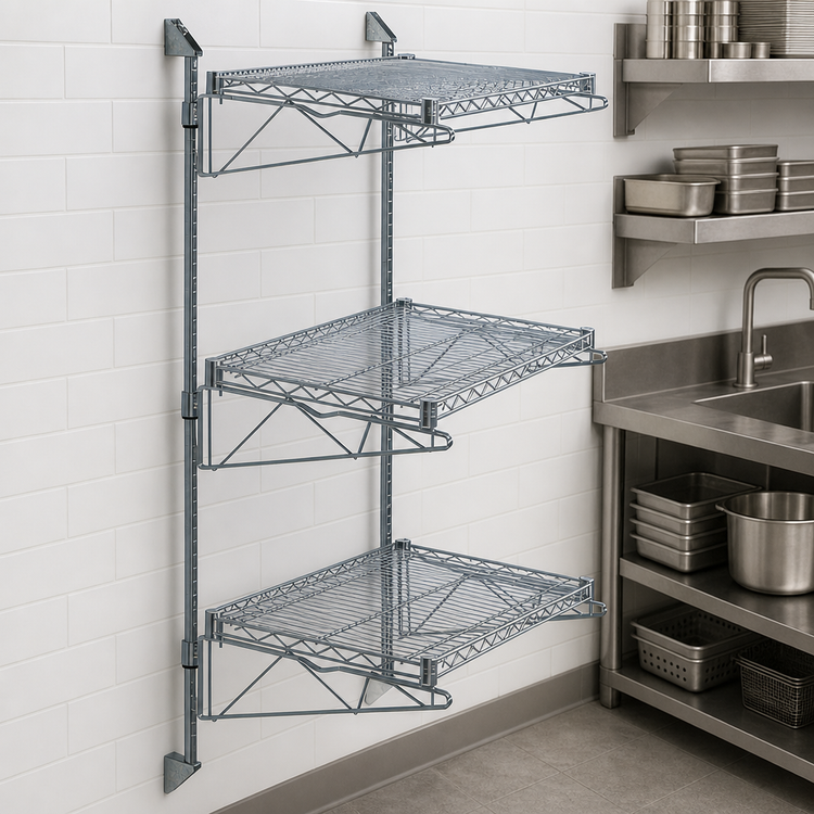 Product image #3 for Quantum Wall-Mounted Cantilever Starter Shelving Unit with 3 Wire Shelves, 54-Inch Posts, Gray Epoxy Antimicrobial Finish