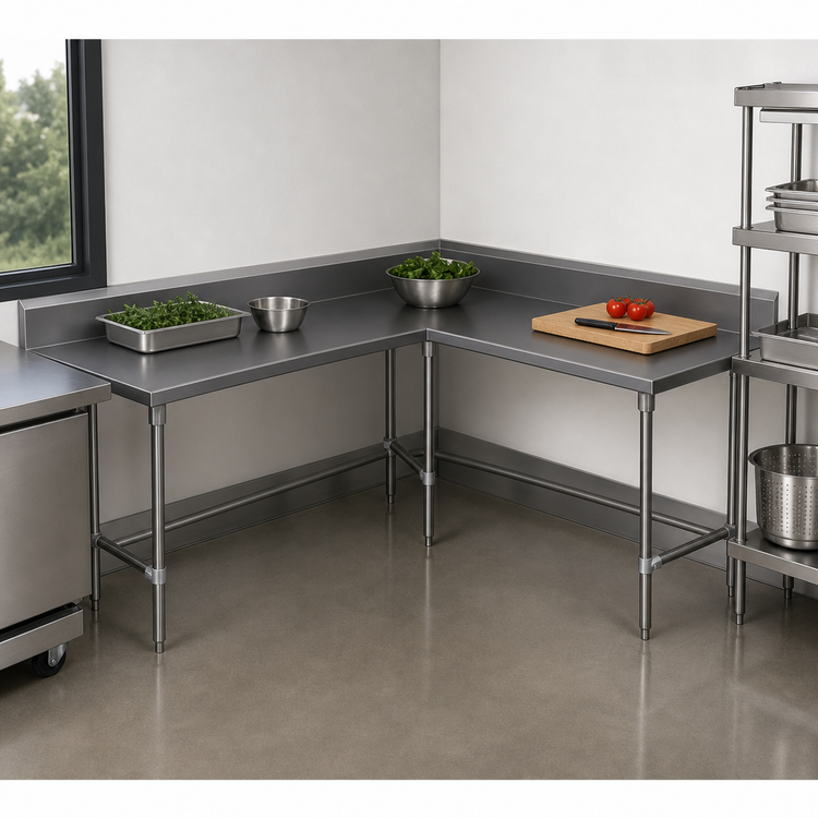 Product image #3 for John Boos L-Shaped Stainless Steel Corner Work Table with Safety Edge