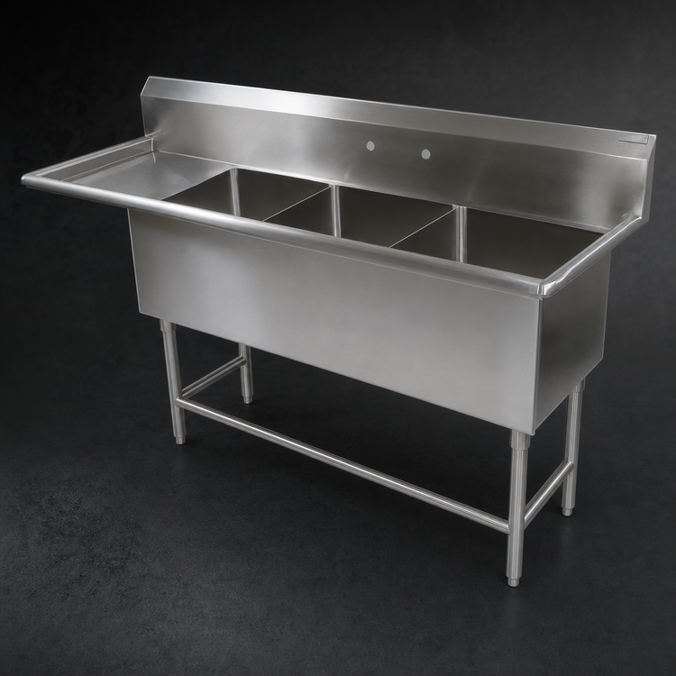 Product image #3 for John Boos Pro-Bowl 16-Gauge Stainless Steel 3-Compartment Sink with Left 30-Inch Drainboard, 18 x 24 x 12 Bowls