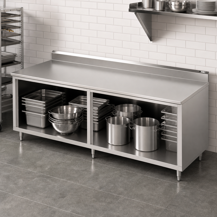 Product image #3 for John Boos 120-Inch Open-Front Cabinet Base Stainless Steel Work Table with 5-Inch Backsplash