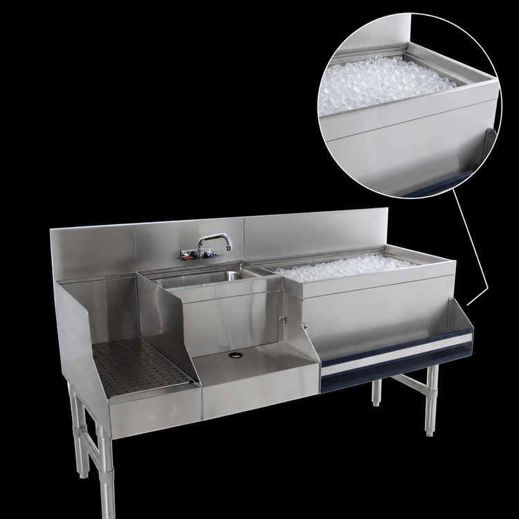 Product image #3 for Advance Tabco Prestige Uni-Serv 60-Inch Stainless Steel Speed Bar with Right Ice Bin, Sink, Blender Station, and Speed Rail