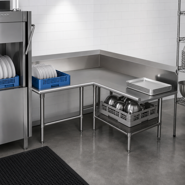 Product image #3 for John Boos Pro-Bowl L-Shaped Corner Clean Dishtable, 60" Machine Side x 144" End Side, Right-To-Left, 44" High, 16-Gauge 300-Series Stainless Steel