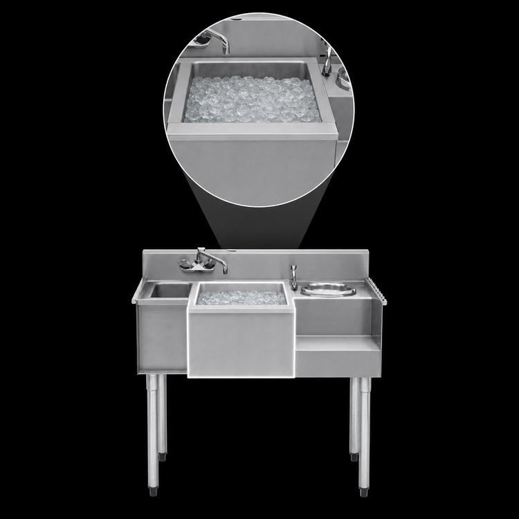 Product image #3 for Eagle Group 1800 Series 50-Inch Underbar Ice Bin/Cocktail Station with Center Ice Bin, Right Bottle Well and Left Blender Recess