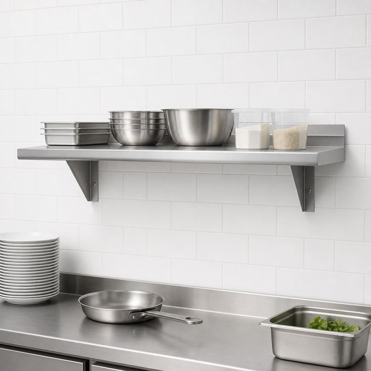 Product image #3 for Advance Tabco Wall-Mounted Stainless Steel Shelf, 84W x 18D, 16 Gauge 304 Satin Finish