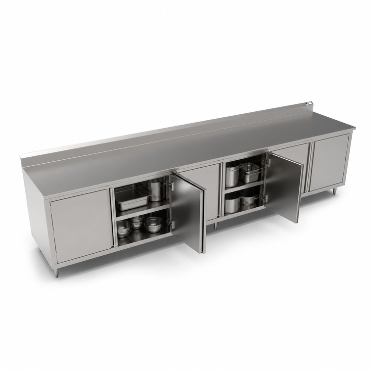 Product image #3 for John Boos 144" x 24" Enclosed Cabinet Base Work Table with Hinged Doors, 14-Gauge 300-Series Stainless Steel Top and 5" Backsplash