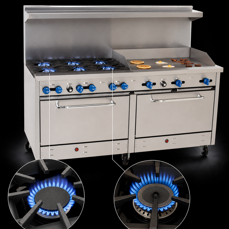 Product image #3 for Comstock-Castle 72-Inch Commercial Gas Range with 6 Star Burners, 36-Inch Griddle, and Double Ovens