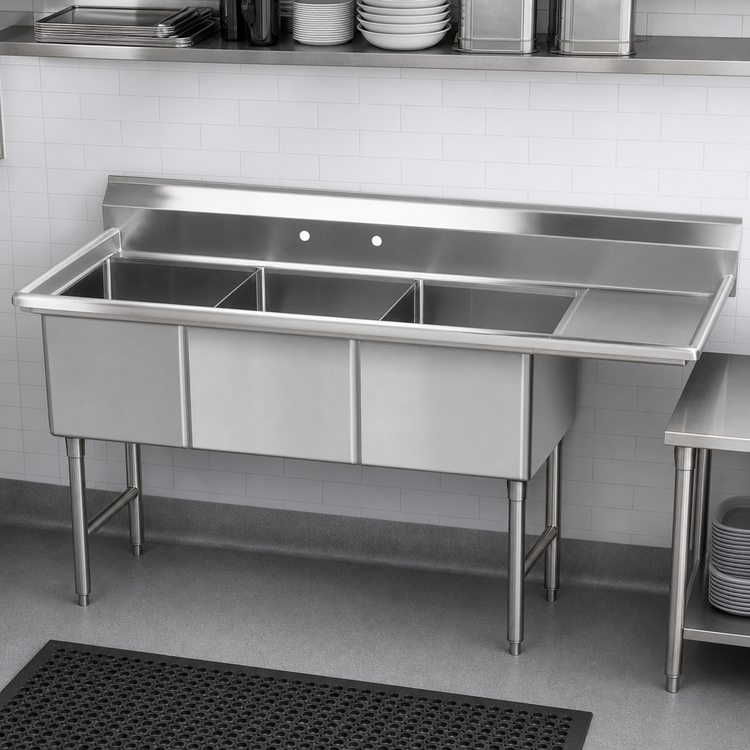 Product image #3 for Advance Tabco 129-Inch 3-Compartment Fabricated Sink with 36-Inch Right Drainboard, 30 x 24 x 14-Inch Bowls