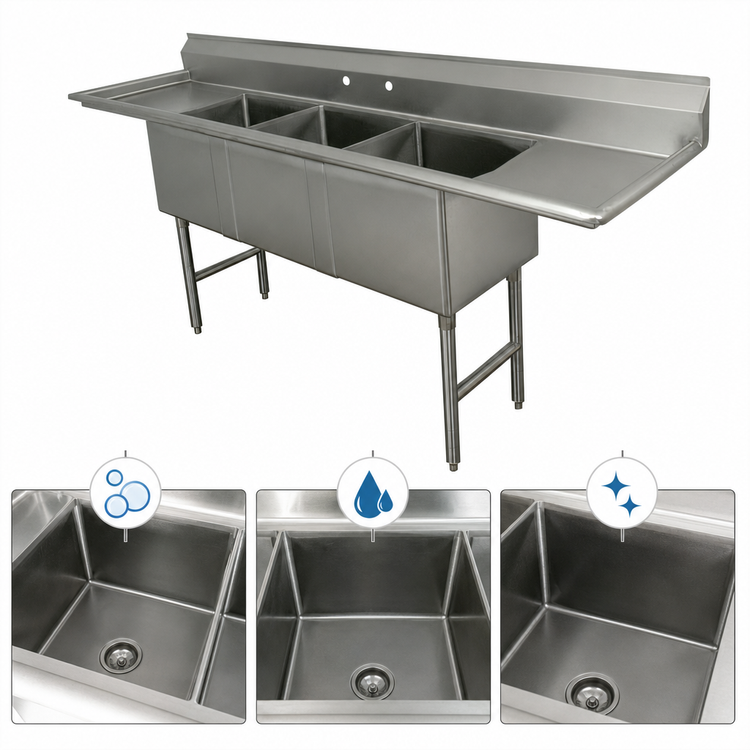 Product image #3 for Advance Tabco 3-Compartment Fabricated Sink with Left and Right Drainboards, 20 x 30 x 14-Inch Bowls, 100-Inch Long